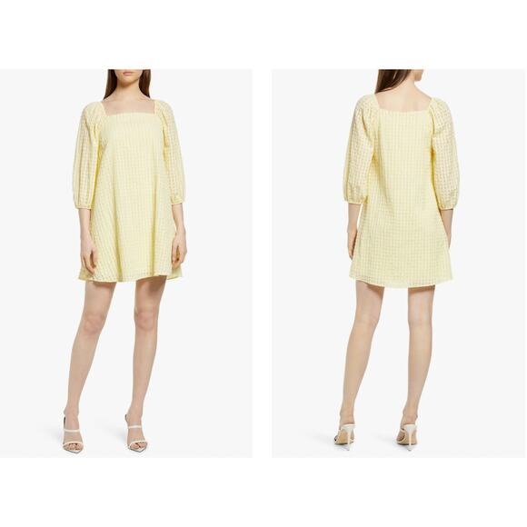 NWT VERO MODA Kamryn Check Square Neck Mini Dress Yellow Searsucker M - Picture 1 of 7